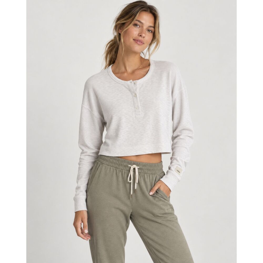 Vuori Henley Long Sleeve Top Women’s Size XS White Cropped Waffle Knit